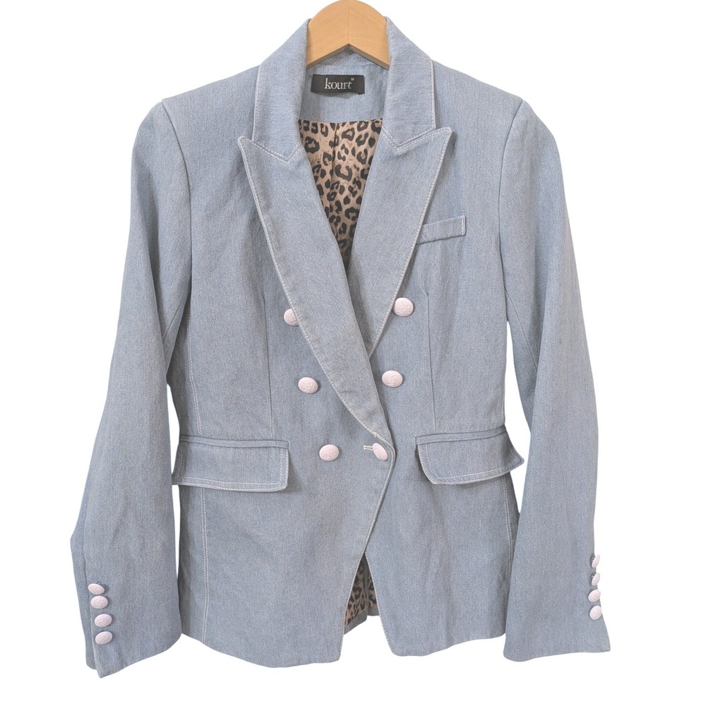 Kourt Fern Denim Blazer Blue Double Breasted Leopard Lining REVOLVE Style Medium